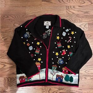 Vintage Christmas Tiara Black Cardigan with Colorful Christmas Embroidery